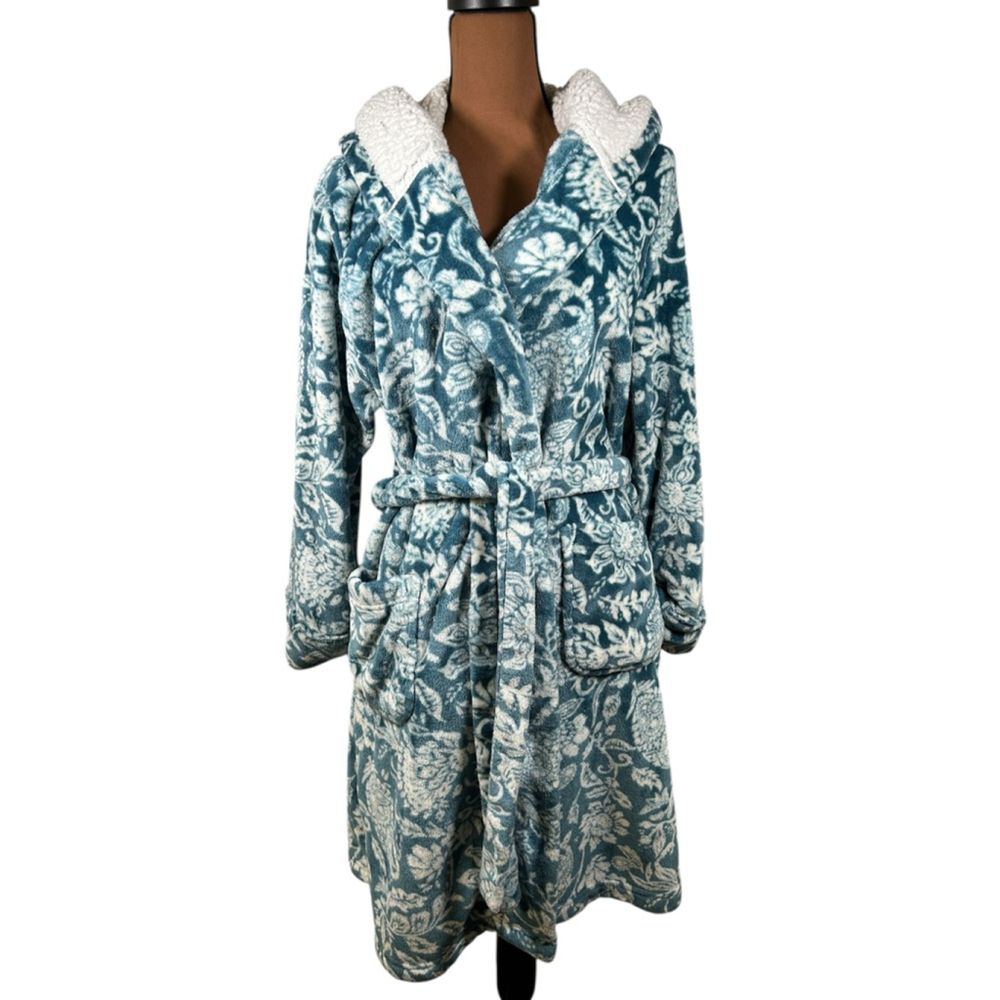 World Market Teal & White Floral Hooded Robe One Size - Picture 2 of 5